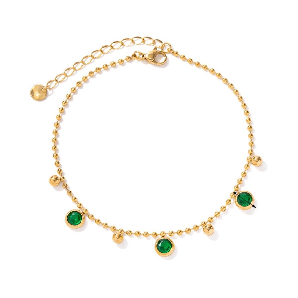 18K Gold Plated Anklet*Satellite ball chain*Mini Nugget Chain*Green Birthstone*J